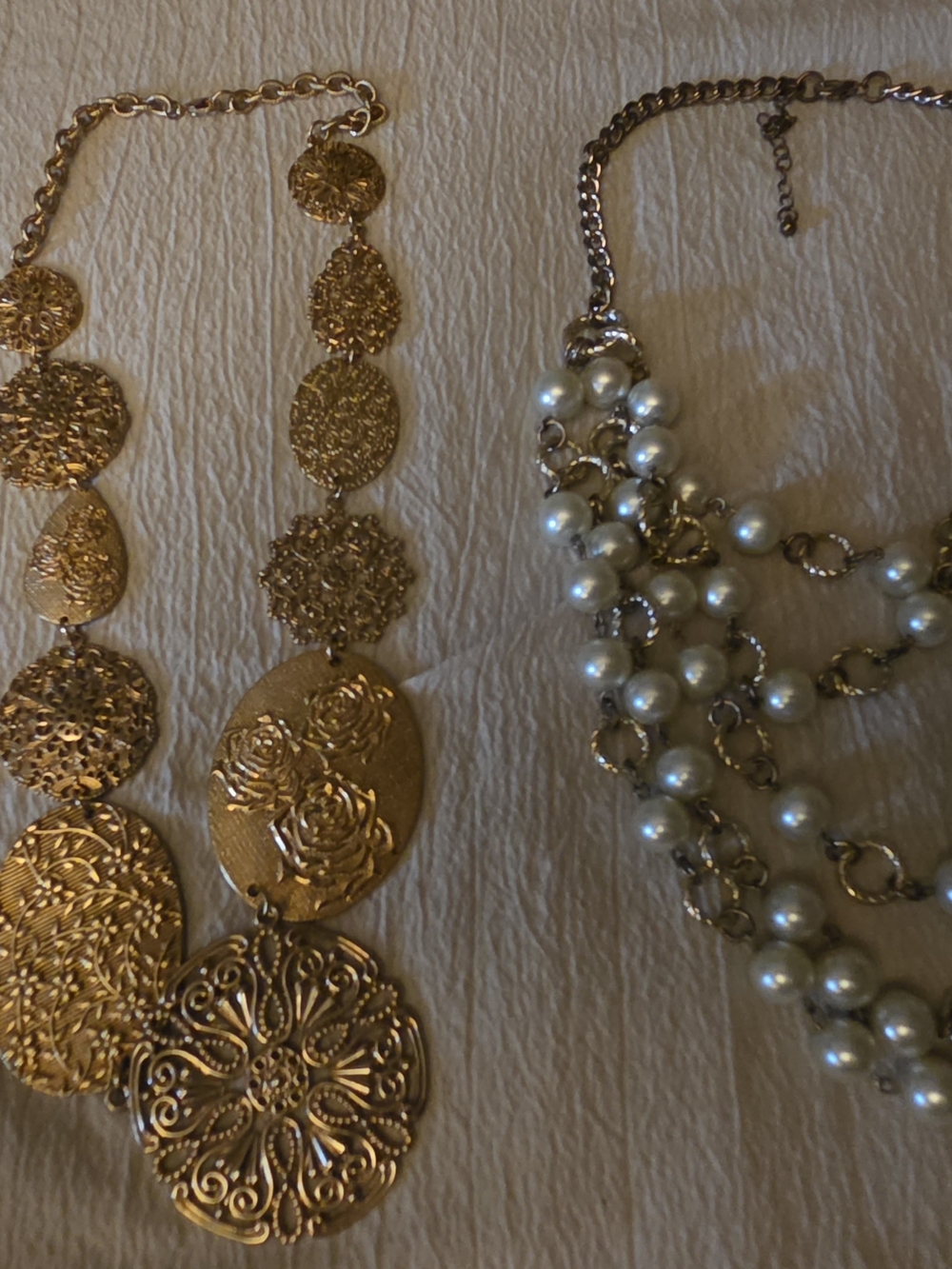 Vintage Bold 80's Goldtone Filigree Statement Necklace  & A Faux Pearl Piece